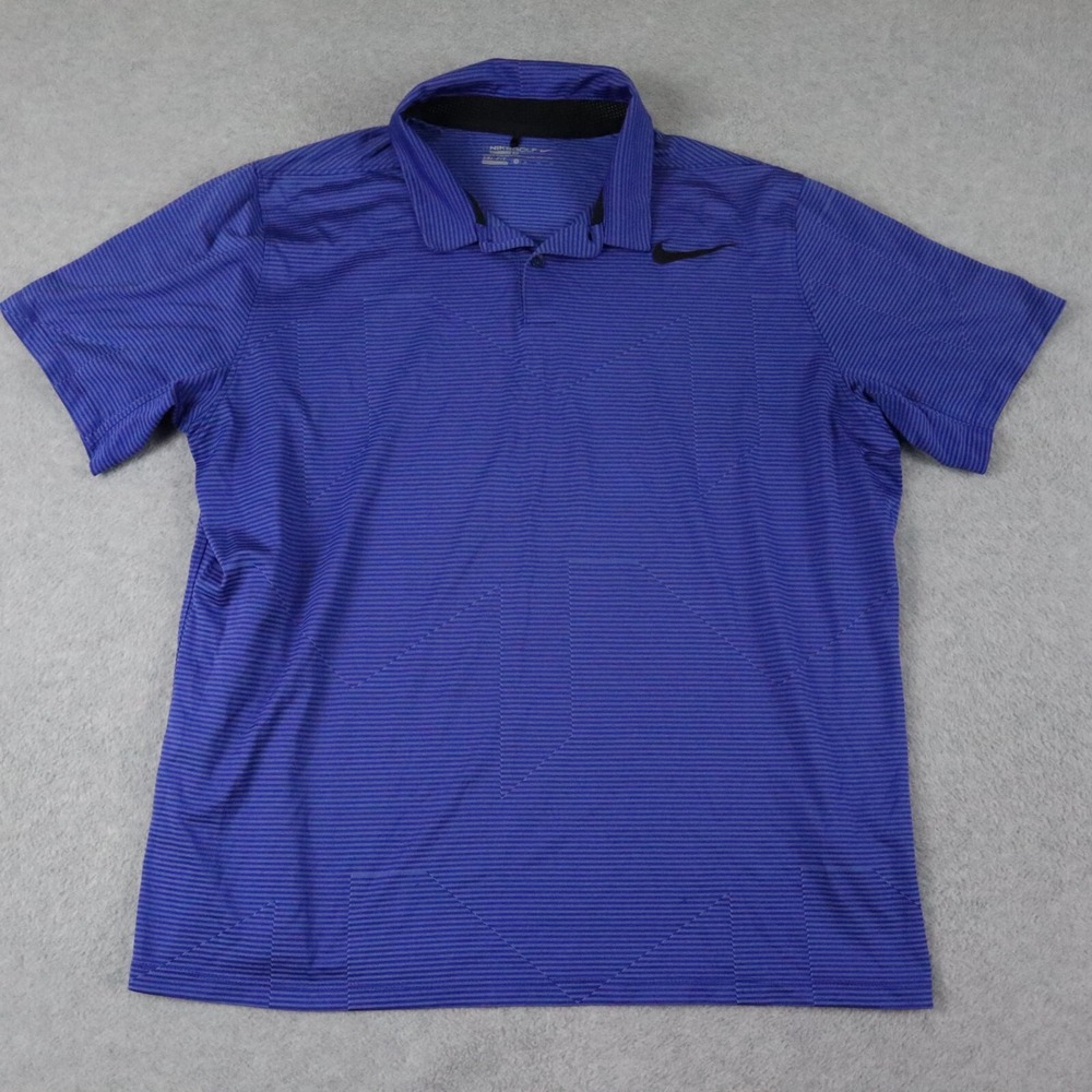 Nike Golf Polo Shirt Mens XL Dri-Fit‎ Standard Fit Blue Striped Short Sleeve